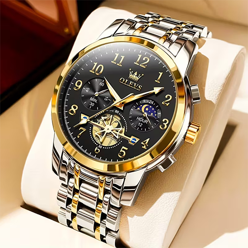 OLEVS Chronograph Watch Black and Gold Moon
