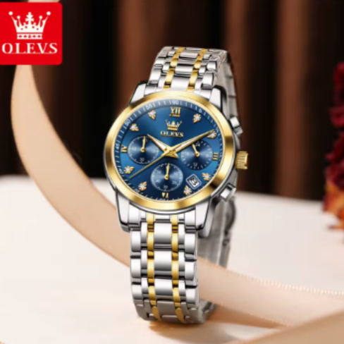 OLEVS Chronograph Watch Blue Gold. Women